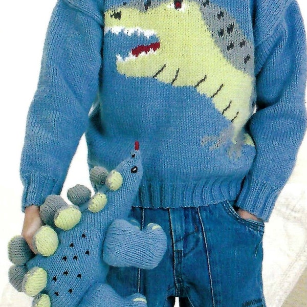 Boys Dinosaur Soft Toy & Matching Motif Sweater Childs Jumper PDF Knitting Pattern DK ( 8 ply ) 22 - 30 Intarsia 1 - 11 years Vintage