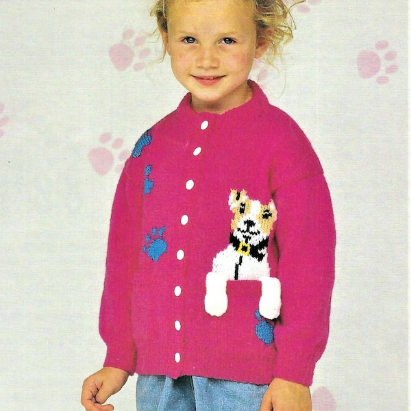 Girls Childs Puppy Dog Motif Cardigan Intarsia Paw Prints Pockets PDF Knitting Pattern DK ( 8 ply ) 22 - 28" 1 - 8 yrs Vinatge Download