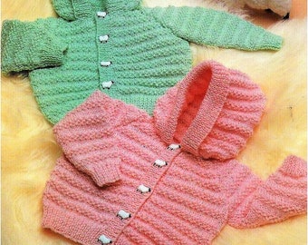 Baby Girls Boys Hooded Jacket Cardigan with Raglan Shaping PDF Knitting Pattern DK ( 8 ply ) Childs Coat 18 - 24" Easy Knit 3m - 4 yrs