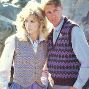 Mens Ladies Fair Isle Waistcoat & Slipover PDF Knitting Pattern Sleevless Sweater Cardigan DK (8ply ) 32 - 42" Womens Vintage Download