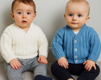 Easy Knit Baby Toddler Rib Cardigan & Sweater Boys Girls V Neck Jumper PDK Knitting Pattern DK 8ply 16 - 22" Age 0 - 2 yrs Beginner Download