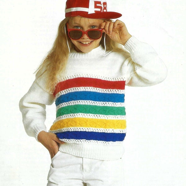 Childs Striped Sweater with Eyelet & Textured Design Jumper Pullover PDF Knititng Pattern DK ( 8 ply ) 24 - 28" Boys Girls 3 - 8 yrs Vintage