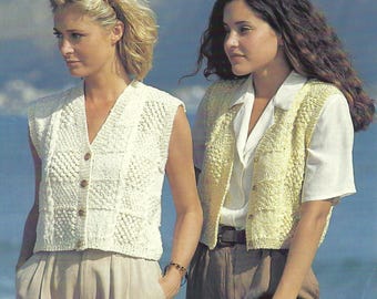 Womens Crop Waistcoat Ladies Block Design V Neck Vest Top Summer Jacket PDF Knitting Pattern Aran 10ply Worsted 30 - 40" Vintage Download