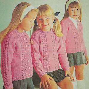 Girls Lace Panel Raglan Cardigan Sweater Jumper V Round Neck PDF Knitting Pattern DK ( 8 ply ) 22 - 32&quot; Vintage 610