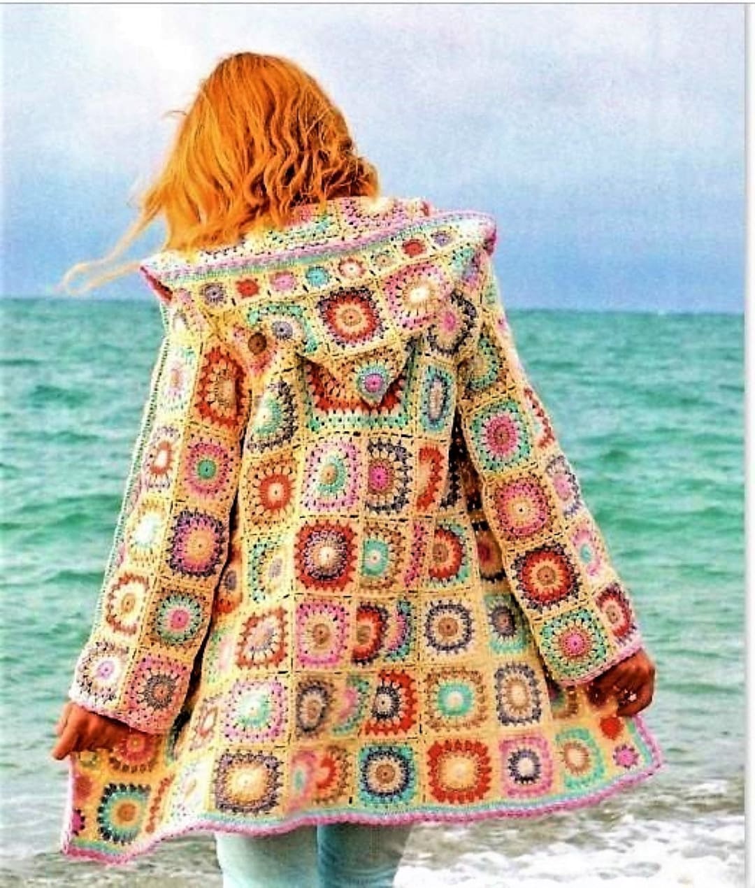 Ladies Womens PDF Crochet Pattern Long Granny Square Hooded