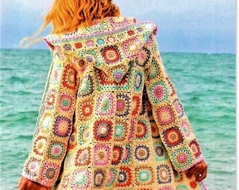 Ladies Womens PDF Crochet Pattern Long Granny Square Hooded Jacket Patchwork Cardigan 4 ply ( Fingering ) 32 - 36"