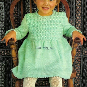 GirlsLong Sleeve Picot Edge Smocked Dress PDF Knitting Pattern 4 ply 22 - 26&quot; Age 1 - 6 years Vintage 13047 Digital Download