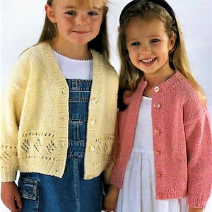Girls Eyelet Edging & Plain Cardigan Jacket V Round Neck PDF Summer Knitting Pattern DK ( 8 ply ) 20 - 30" 1 - 11 yrs Vintage Download 8393