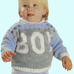 Toddler Sweater with Boy or Girl Motif Easy Knit Baby Jumper PDF Knitting Pattern DK 8ply 6 - 18 mths 20 - 21&quot; Button Shoulder Downloadable