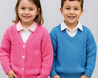 Baby Toddler Boys Girls Cable & Fishermans Rib Cardigan Sweater V Neck Jumper PDF Knitting Pattern DK 8ply 16 - 24" Age 0 - 4 yrs Download