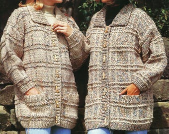 Womens Loose Fit Long Jacket Ladies Chunky Cardigan with Pockets & Beret Hat PDF Knitting Pattern Bulky 12ply 30 - 44" Vintage Downloadable