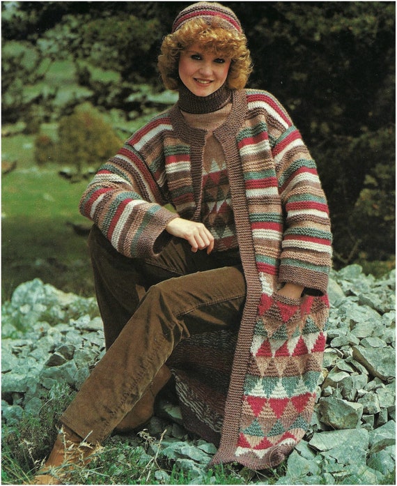 PDF Knitting Pattern Ladies 70s Long Boho Hippy Cardigan Coat Patchwork Effect Jacket Sweater Hat Chunky Bulky 12 ply 32 38 Vintage