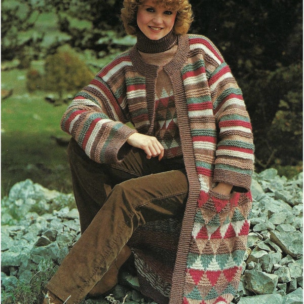 PDF Knitting Pattern Ladies 70s Long Boho Hippy Cardigan Coat Patchwork Effect Jacket Sweater & Hat Chunky  Bulky 12 ply 32 - 38" Vintage