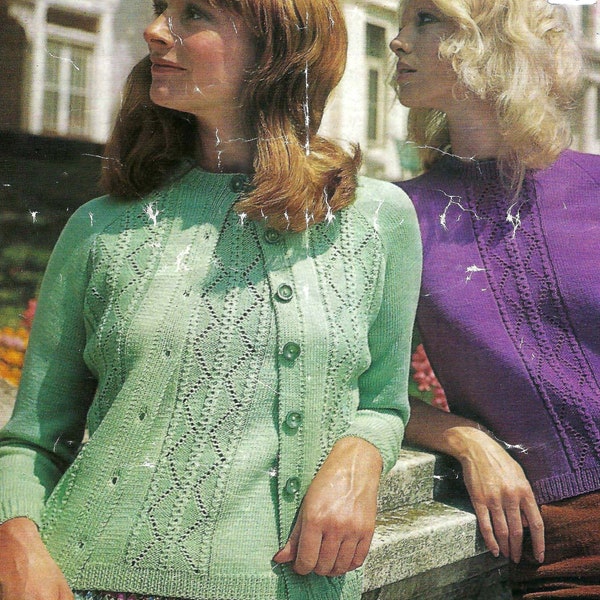 Ladies Twin Set Lacy Summer Top Short Sleeve  Sweater & Raglan Cardigan PDF Knitting Pattern 4 ply 34 - 40" Womens Vintage Download