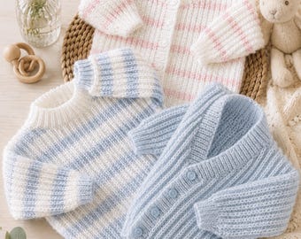 May include: Three knitted garments including a white cardigan with pink stripes, a white sweater with blue stripes, and a solid light blue cardigan. Each piece features a ribbed texture, long sleeves, and round necklines, with buttons on the cardigans.