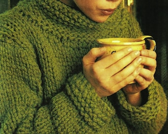 Ladies Very Easy Super Chunky Sweater Womens Round Neck Jumper PDF Knitting Pattern Beginners Quick Knit 32 - 48" Vintage Download