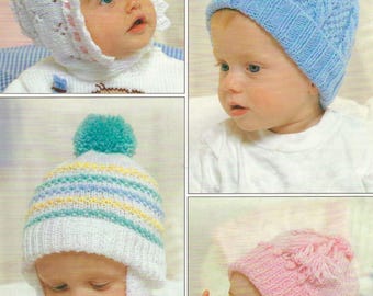 Baby Boys Girls Striped Helmet Hat Tassle Beanie Lacy Bonnet PDF Toddler Knitting Pattern DK 8ply birth - 2 years Vintage Downloadable