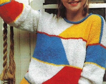 Ladies Colour Block Patchwork Effect Sweater Jumper Womans PDF Knitting Pattern Cotton DK ( 8 ply ) 34 - 38" Vintage Download