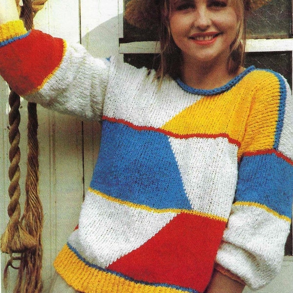 Ladies Colour Block Patchwork Effect Sweater Jumper Womans PDF Knitting Pattern Cotton DK ( 8 ply ) 34 - 38" Vintage Download