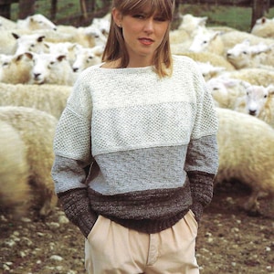 Puede incluir: Una mujer con un suéter de bloques de color con un diseño de punto texturizado. El suéter presenta rayas horizontales en blanco, gris y marrón. El fondo muestra un rebaño de ovejas en un entorno rural.