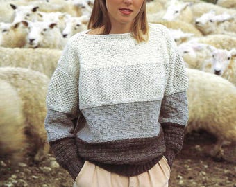 Ladies Striped Multi Textured Sweater Tunic Jumper PDF Knitting Pattern Womens Accending Tone Pullover DK 8ply 32 - 38" Vintage Downlaodable
