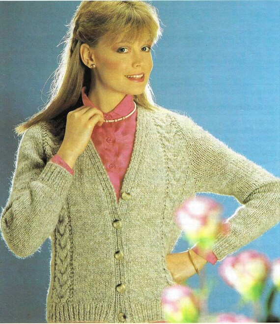 Ladies Cable Panel V Neck Raglan Cardigan Easy Knit PDF Knitting 