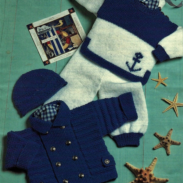 Baby Boys Anchor Motif Sweater Jumper Double Breasted Jacket Cardigan & Hat PDF Knitting Pattern DK 16 - 22" 0 - 2 years Vintage Download