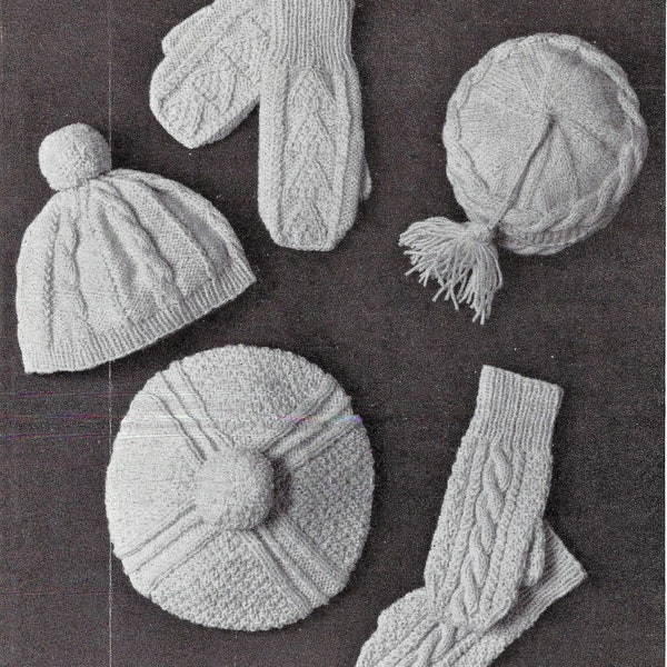 Ladies Teenager Mens Cable Hat Beret & Mittens PDF Knitting Pattern Aran ( 10 ply, worsted ) Age 10 - Adult Vintage Downloadable 122