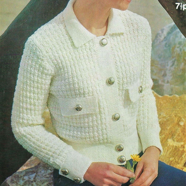 Ladies Textured Jacket Blouse Cardigan Immitation Pockets Collar PDF Knitting Pattern Chunky ( Bulky, 12 ply ) 32 - 38" Vintage 5289