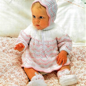 Baby Girls Scalloped Edge Yoked Angel Top Lacy Dress Bonnet Booties PDF Knitting Pattern DK  8 ply 16 - 20&quot; 0 - 12 mths Vintage Download 230