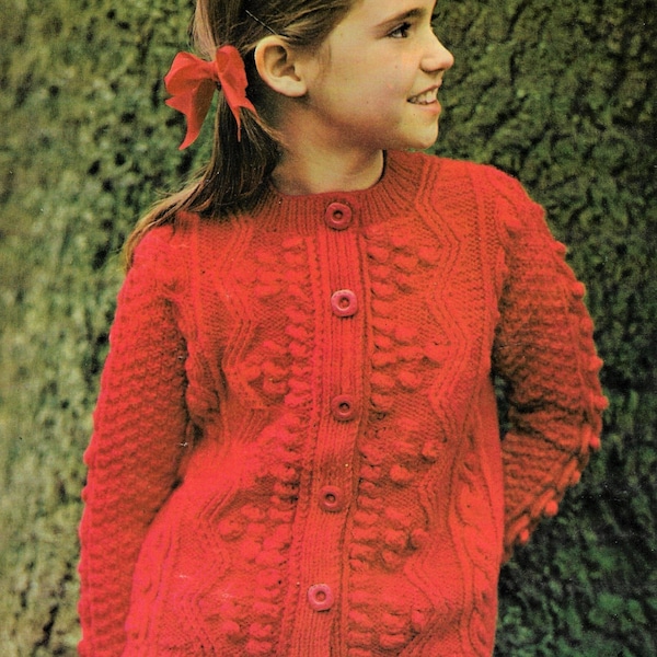 Girls Teens Zig Zag Cable & Bobble Design Cardigan Jacket PDF Knitting Pattern DK ( 8 ply ) 24 - 35" Age 3 - 16 Vintage Download