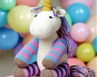 PDF Striped Unicorn Toy Knitting Pattern DK ( 8 ply, light worsted 3 )  Height 45cm ( seated ) baby gift girls Downloadable