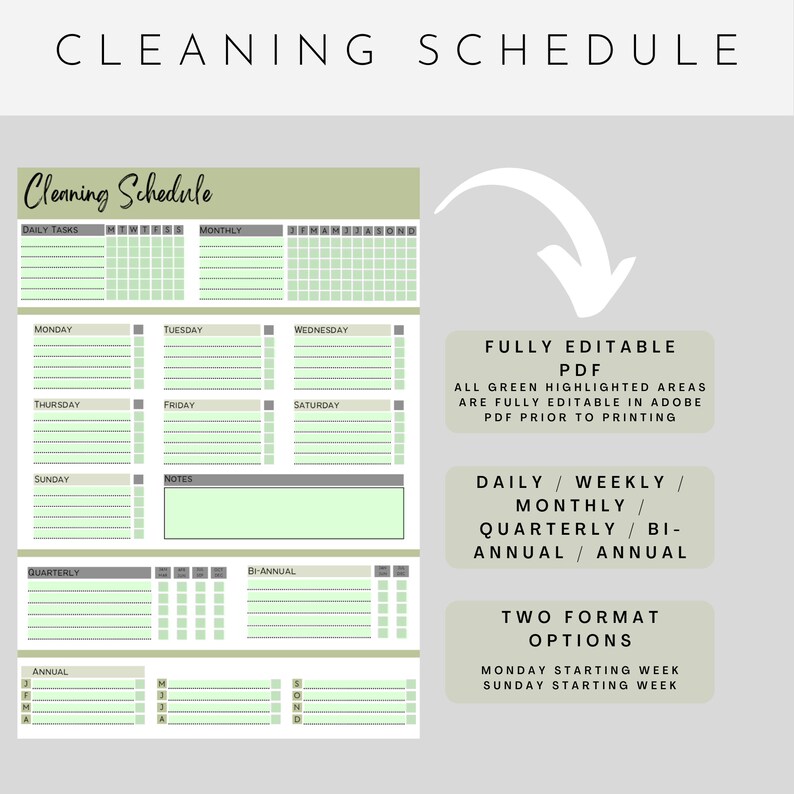 Editable Cleaning Schedule / Daily Weekly Monthly Yearly Etsy