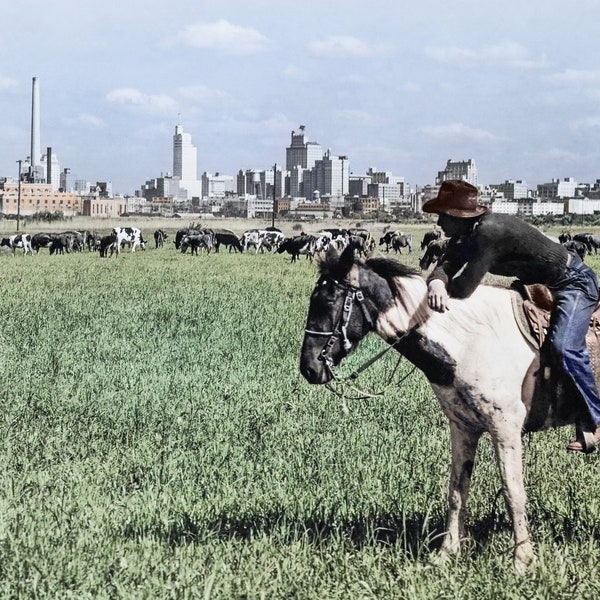 Dallas Texas Skyline, Art Print, Colorized, Cowboy & Horse Photo, Dallas Texas, Old Texas Photo, 1943, Photo Art Print, Photography