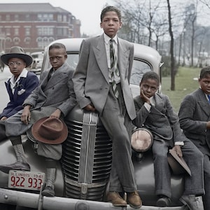 African American Photo, Five Boys on Car, Easter Morning, South Side Chicago, 1941, Black Art, Russell Lee Photographer
