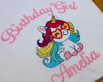 Personalised Unicorn Birthday Girl T-Shirt gift customised embroidered unicorn top