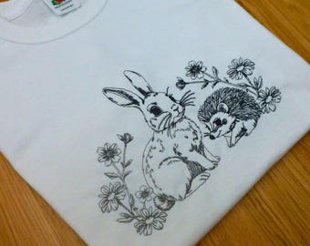 Line art Embroidered Forest Animals Kids T-Shirt Cottagecore Nature Tee hedgehog rabbit and flowers sketch top