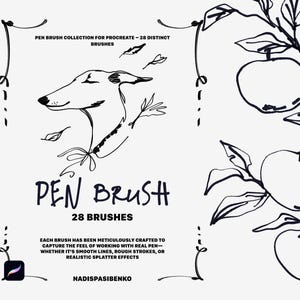 May include: Black and white digital art featuring a pen brush collection for Procreate. The image includes a stylized dog, apples on a branch, and the text "PEN BRUSH 28 BRUSHES". A white stylus is also present.