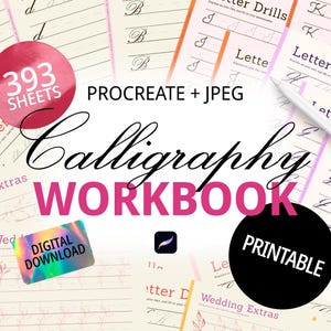 May include: A digital download of a calligraphy workbook with 393 sheets. The workbook includes letter drills, wedding extras, and is printable. The image shows a pink and white background with the text "Calligraphy Workbook" in black.