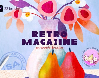 Könnte beinhalten: Ein Set mit 22 Procreate-Pinseln namens "Retro Magazine", das eine stilisierte Illustration einer Vase mit Blumen und Birnen zeigt. Die Pinsel wurden entwickelt, um eine Retro-Magazin-Ästhetik zu erzeugen.