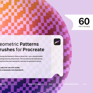 Könnte beinhalten: Eine Grafikdesign-Anzeige für einen Satz von 60 geometrischen Musterpinseln für die Procreate-App. Das Bild zeigt eine Kugel mit einem geometrischen Muster aus orangefarbenen, rosa und violetten Quadraten. Der Text "Geometric Patterns Brushes for Procreate" wird auf einem weißen Rechteck mit abgerundeter Ecke angezeigt. Der Text "60 Patterns" wird auf einem weißen Rechteck mit abgerundeter Ecke angezeigt.