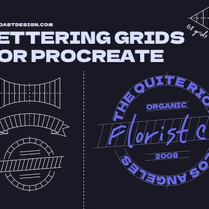 Op de afbeelding: Een digitale illustratie van lettergidsen voor Procreate, een populaire digitale kunst-app. De afbeelding toont verschillende gidslay-outs, waaronder een gebogen banner, een cirkelvormig logo en een rechthoekig label. De tekst "THE QUITE RIOT ORGANIC Florist co. 2008 LOS ANGELES by artcoast" wordt weergegeven in paarse letters.