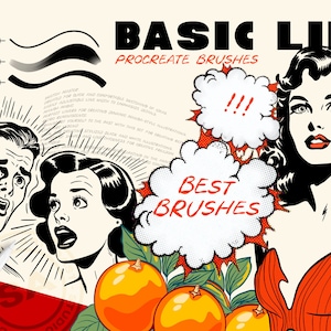 Op de afbeelding: Een digitale illustratie van een set Procreate-penselen genaamd "Basic Line" in een retro-stripboek stijl. De afbeelding toont een vrouw met een rode jurk, een man met een verbaasde uitdrukking en een vrouw met een verbaasde uitdrukking. De tekst "Best Brushes" staat in een spraakballon.