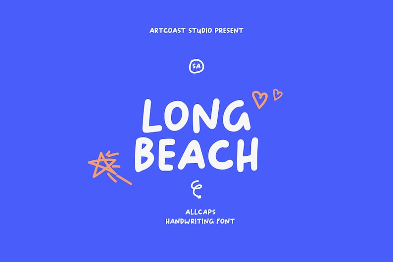 May include: A white handwritten font called "Long Beach" with a star and hearts in peach on a blue background. The text "Allcaps Handwriting Font" is below the font name.