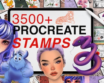 May include: A digital illustration of a tablet screen displaying the text "3500+ PROCREATE STAMPS". The tablet is surrounded by smaller images of various stamps, including cartoon animals, flowers, and faces.