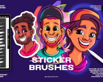 Juego de pinceles para pegatinas de Procreate: bolígrafo, delineador, aerógrafo, marcador y pinceles de caligrafía para arte digital.