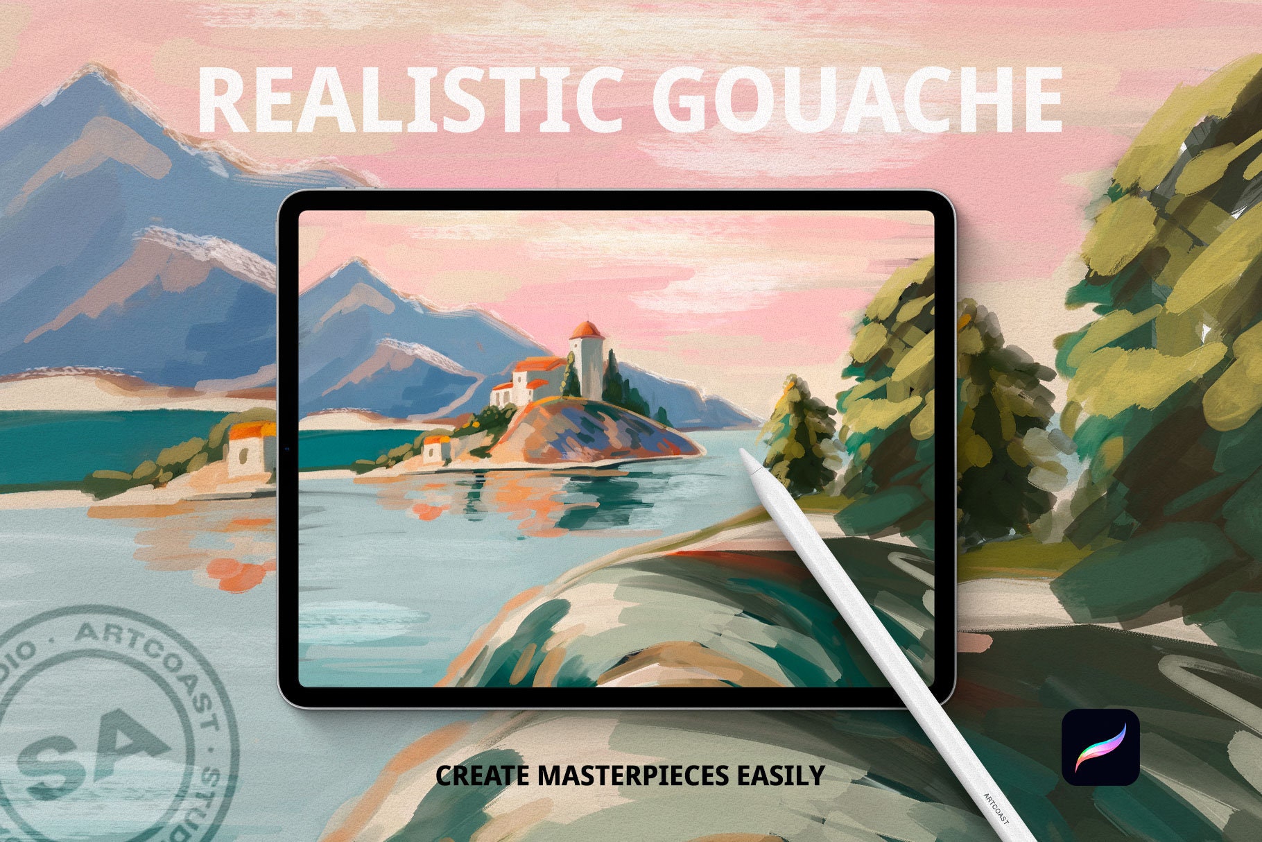 Pincéis de Guache Realista para Procreate – Kit de Pintura para iPad com Paletas e Modelos (Download Digital)