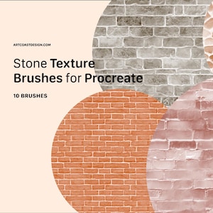 May include: A digital illustration of three different stone textures, each in a circle. The textures are a light gray brick, a red brick, and a pink brick. The text "Stone Texture Brushes for Procreate" and "10 Brushes" is at the top of the image.