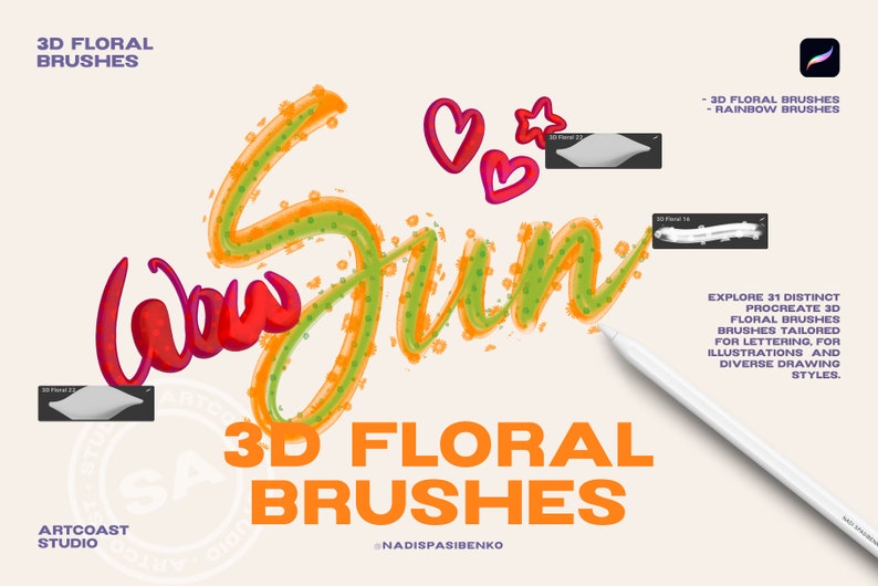 Procreate 3D Bubble Text Effect Floral Brushes | Clipart & Drawing Tools | Digital Download - Procreate Kit