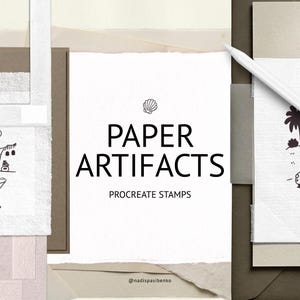 May include: A collection of paper textures and Procreate stamps. The image features the text "PAPER ARTIFACTS PROCREATE STAMPS" with illustrations of a beach scene, cocktails, and a vintage car. A white stylus is also present.
